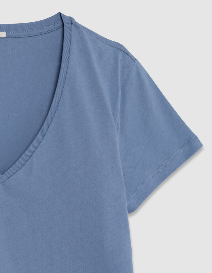 Turquoise Katoenen V-hals T-shirt voor Dames-3