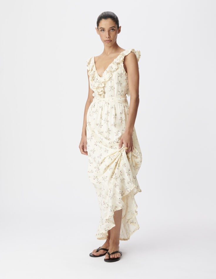 Women's ecru floral long dress with ruffle details-1
