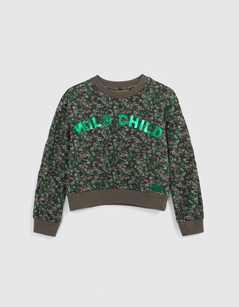 Groene sweater luipaard-bloemenprint en metallic tekst - IKKS