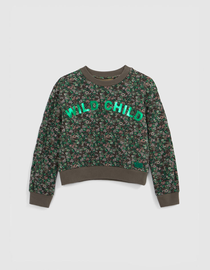 Grünes Sweatshirt, Leo-Blumen, Metallic-Botschaft, Mädchen-1