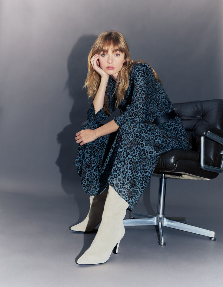 Boots à talon craie cuir velours à revers Femme-8 Boots à talon craie cuir velours à revers Femme-8