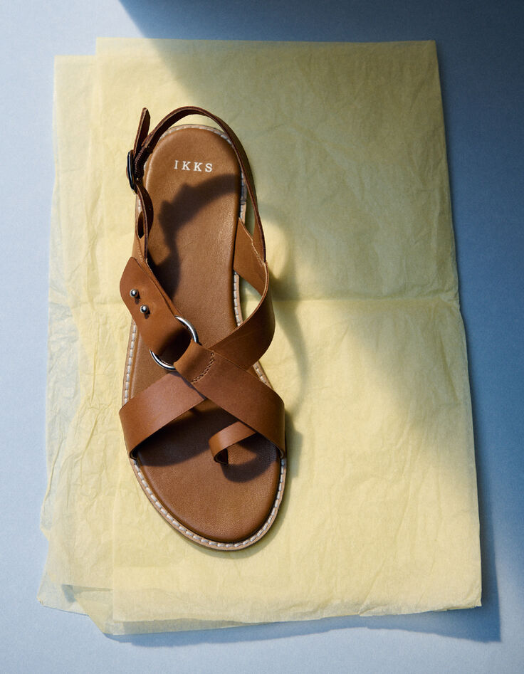 Women's camel leather sandals entredoigt plates-6
