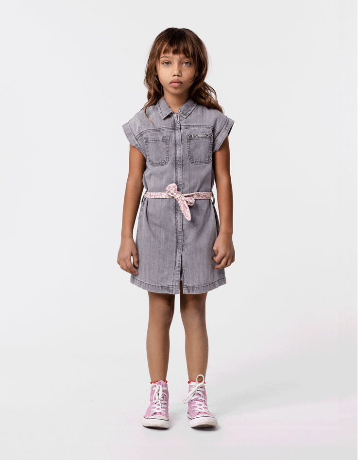 Robe en jean gris coton bio ceinture imprimée fille-2