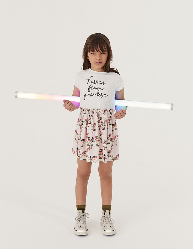Girls’ off-white mixed fabric dress with palm print skirt-5 Girls’ off-white mixed fabric dress with palm print skirt-5