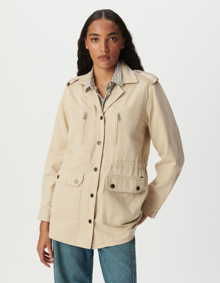 Veste saharienne beige broderies épaules Femme-2