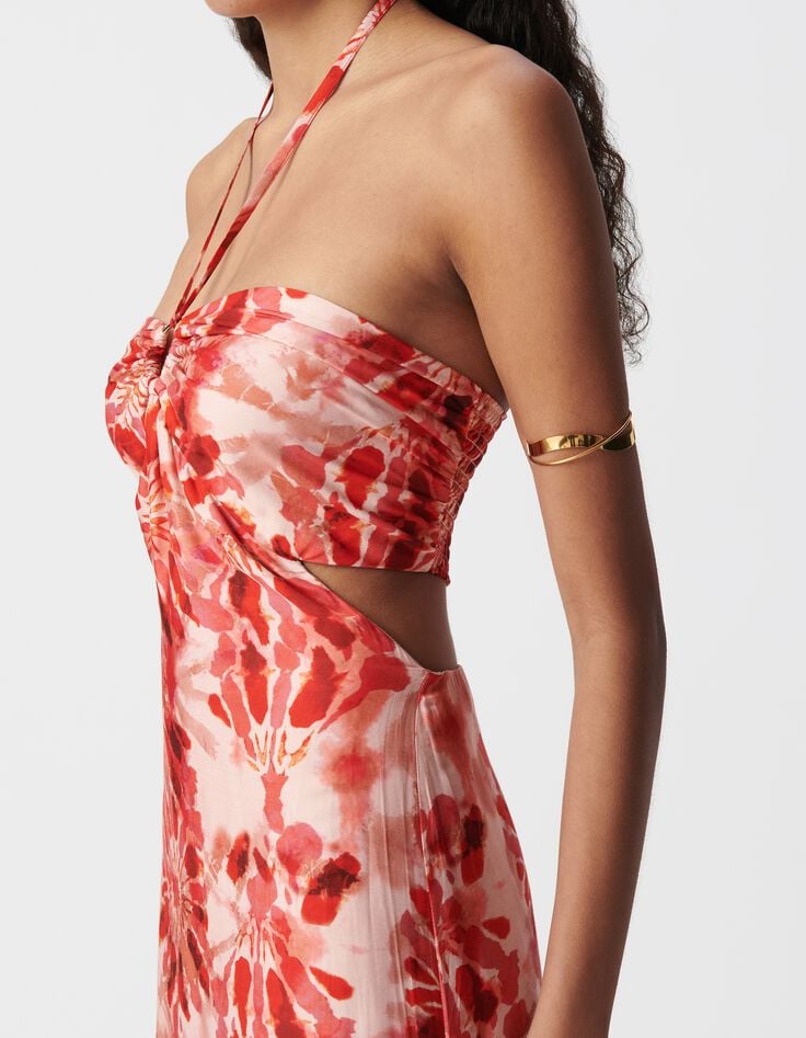 Robe longue rouge imprim&eacute; batik dos ouvert Femme-5