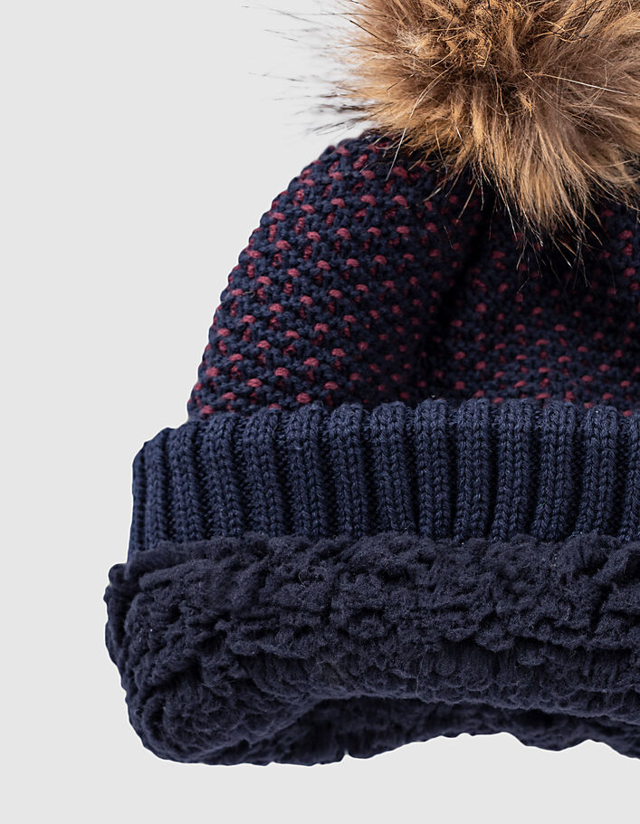 Boys’ navy and red decorative stitch knit beanie - IKKS