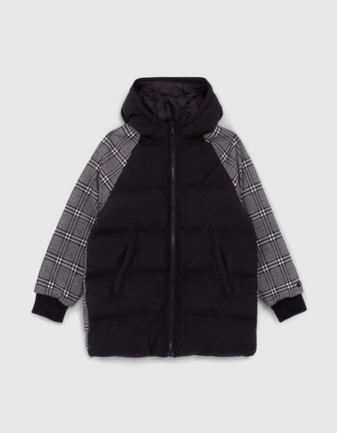 Girls’ black and mixed fabric check long padded jacket - IKKS