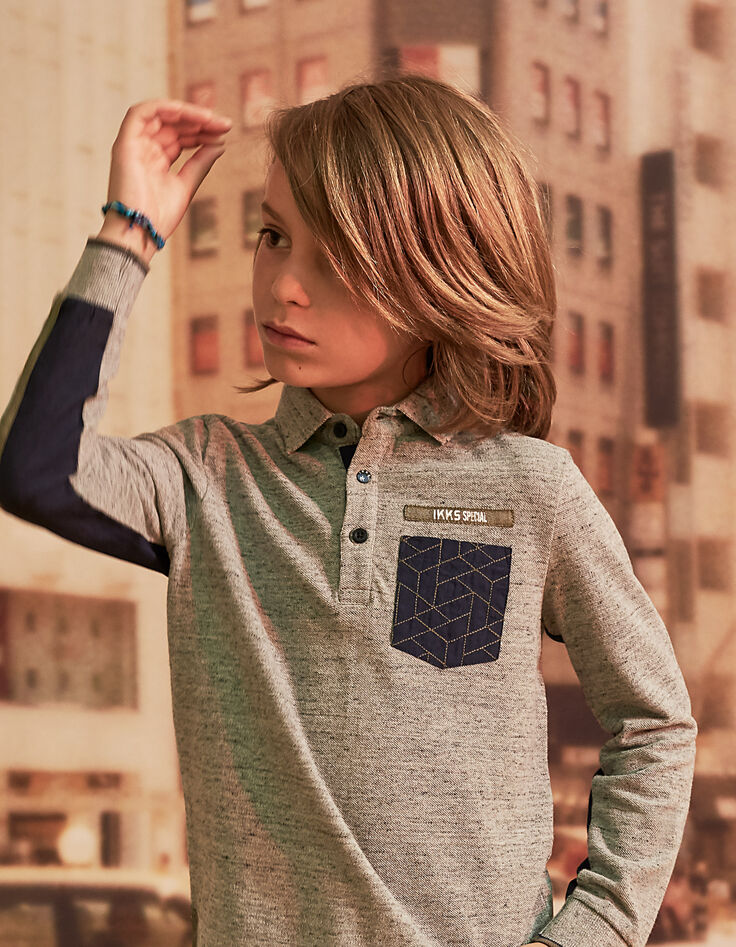 Boys’ dark grey marl polo shirt with army stripes on back-1 Boys’ dark grey marl polo shirt with army stripes on back-1