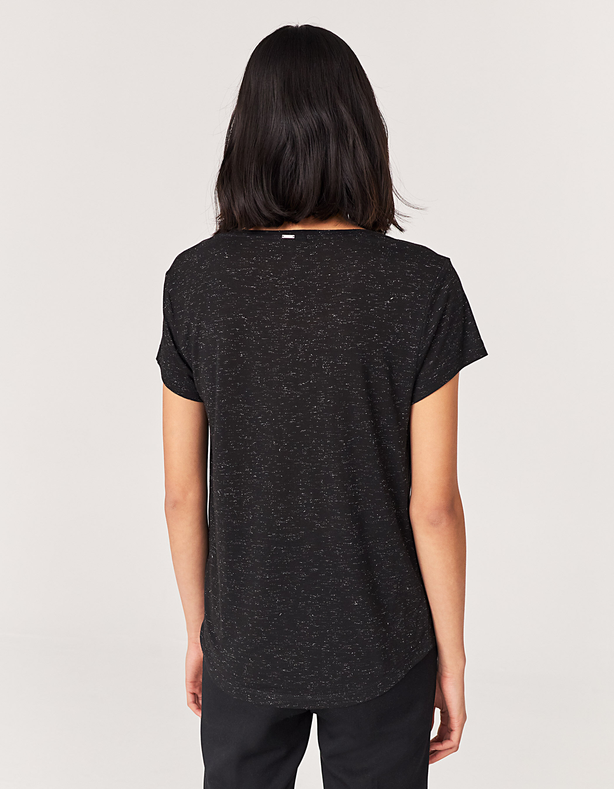 black metallic skull graphic V-neck T-shirt