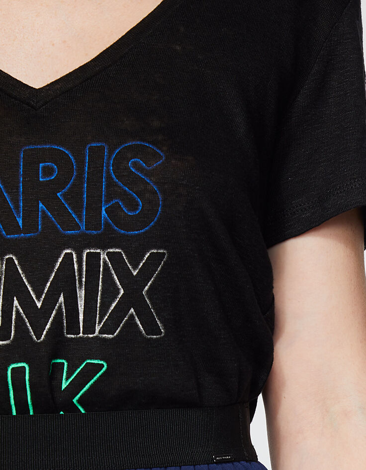 Tee-shirt col V en lin visuel "Paris Remix UK" femme-4