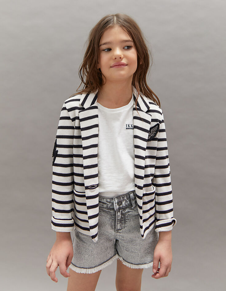 Chaqueta cruda rayas negras insignias niña-5