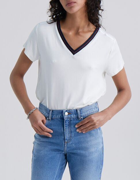 Tee-shirt écru bord-côte marine rayé Femme - IKKS