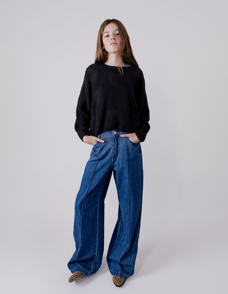 Pull noir tricot ajouré motif cœurs fille-2
