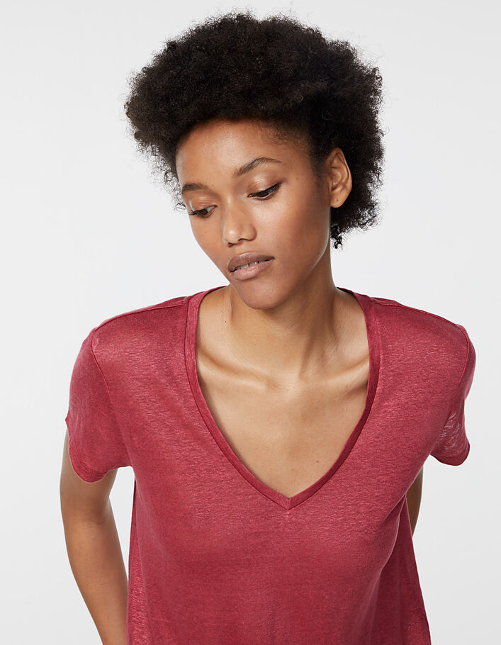 Women's lipstick pink foil linen V-neck T-shirt - IKKS