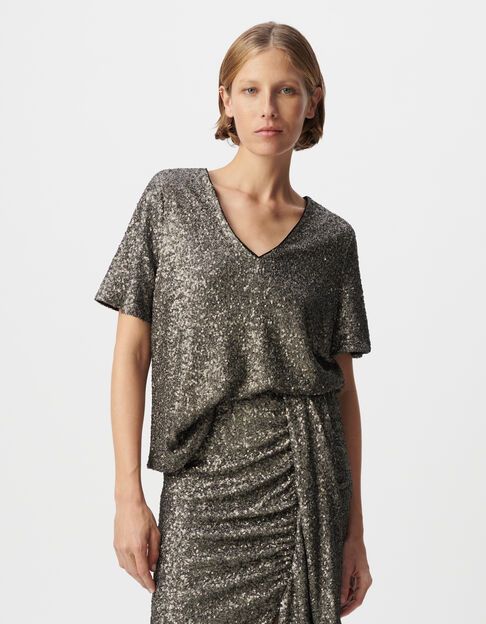 Top gris manche courte brodé sequins métallisés Femme - IKKS