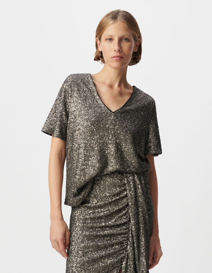 Top gris manche courte brodé sequins métallisés Femme-2