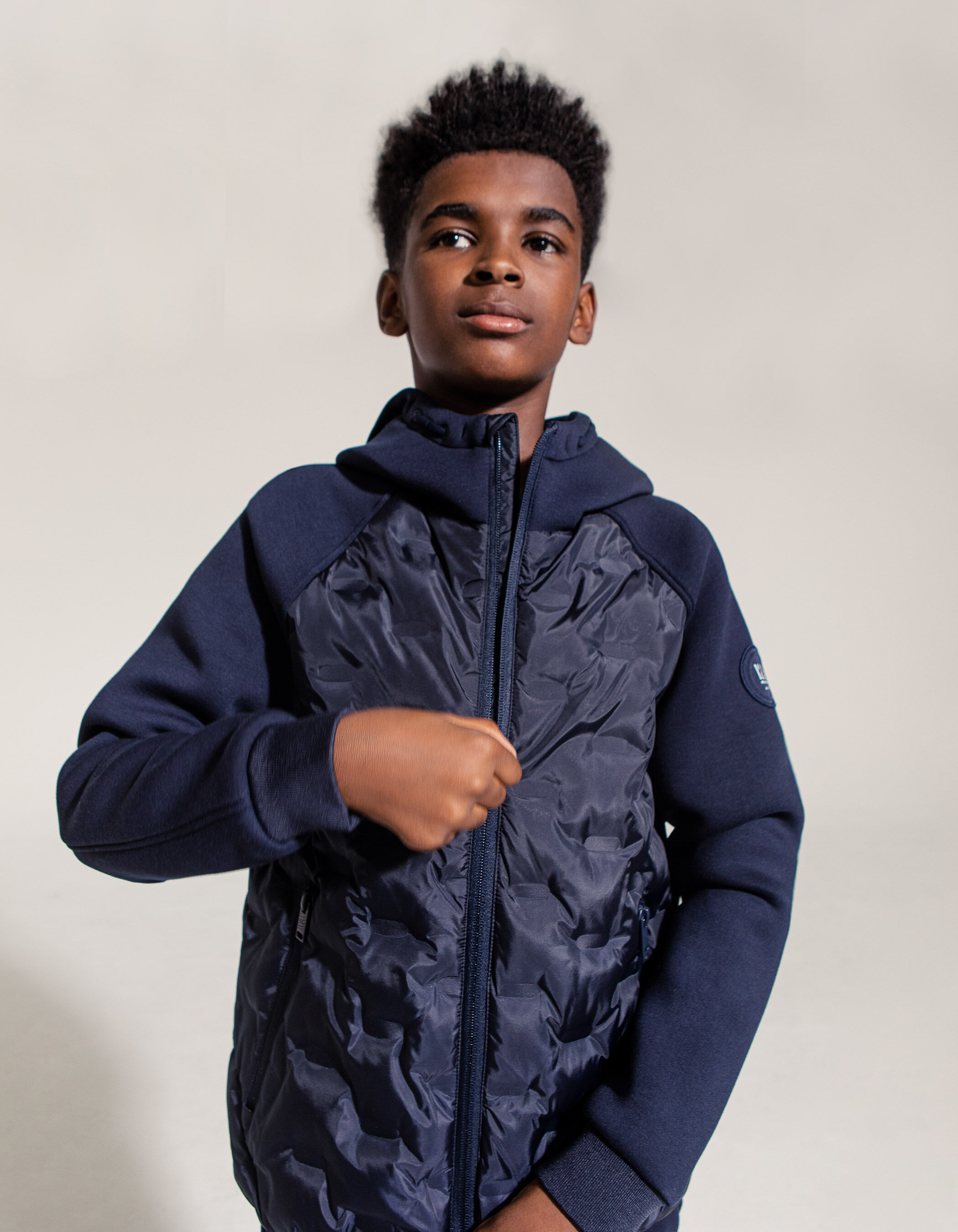 Boys navy nylon and neoprene mixed fabric padded jacket IKKS