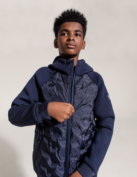 Boys' navy nylon and neoprene mixed fabric padded jacket