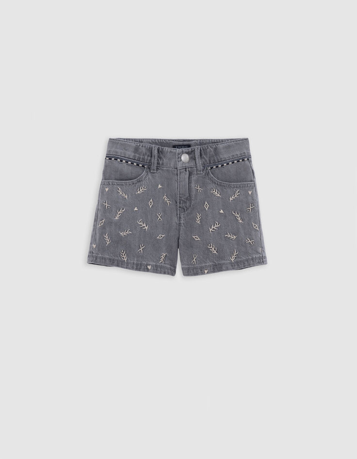 Short en jean gris coton bio brodé fille-3