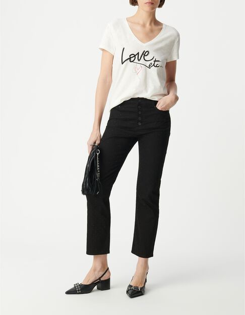 Tee-shirt col V blanc coton bio message Femme - IKKS
