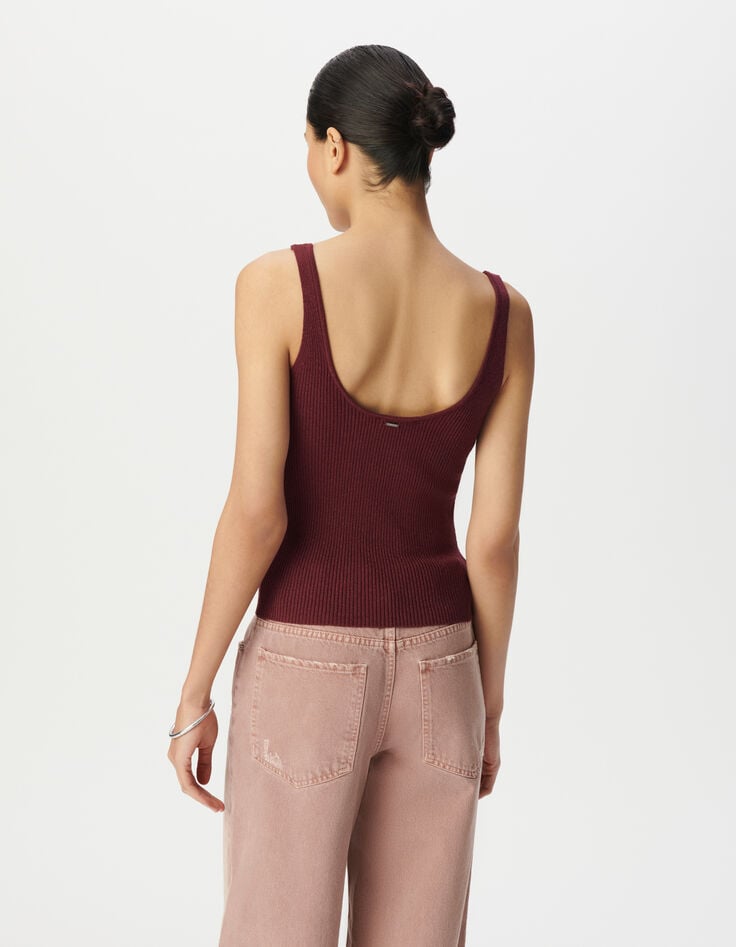 Bordeauxrode top met bandjes en ribgebreid fantasietricot voor dames-3 Bordeauxrode top met bandjes en ribgebreid fantasietricot voor dames-3