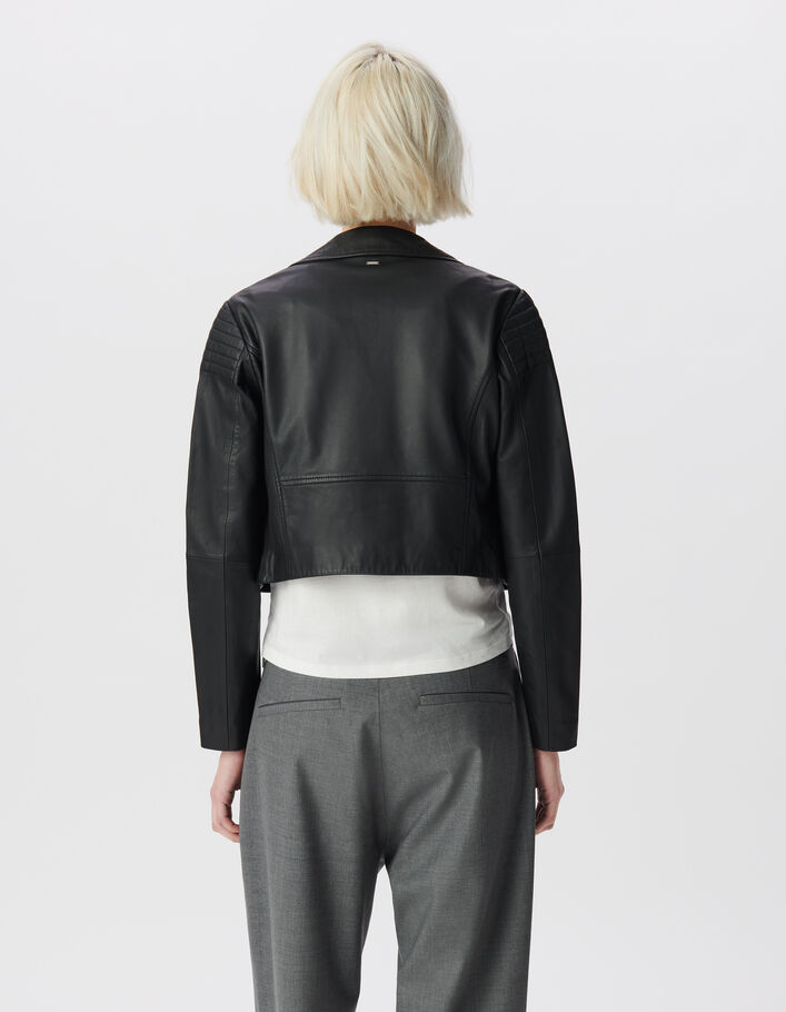 Blouson court en cuir d'agneau épaules matelassées femme-3