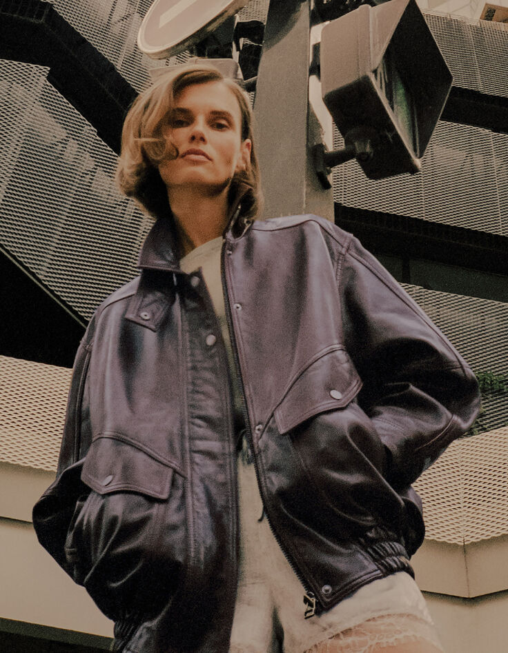 Bomber cuir bordeaux oversize Femme-2