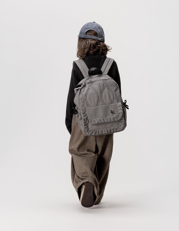 Sac à dos noir motif vichy écru détails volants fille-1 Sac à dos noir motif vichy écru détails volants fille-1