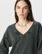 Sweater V-hals washed grijs oversized Dames-4