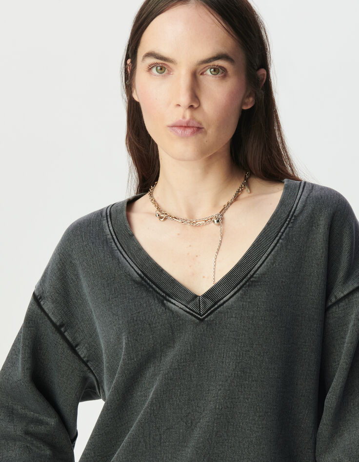 Sweater V-hals washed grijs oversized Dames-4