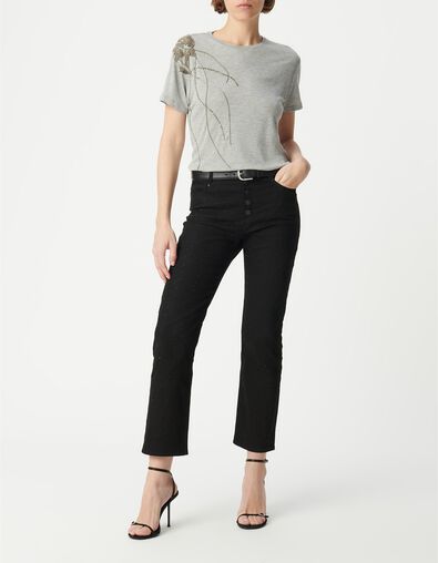 Women's grey tee-shirt with metallized beads on shoulder - IKKS
