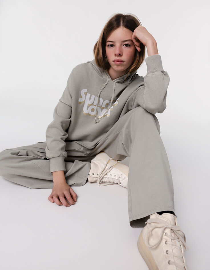 Sweat vert cropped à capuche message pailleté fille-1