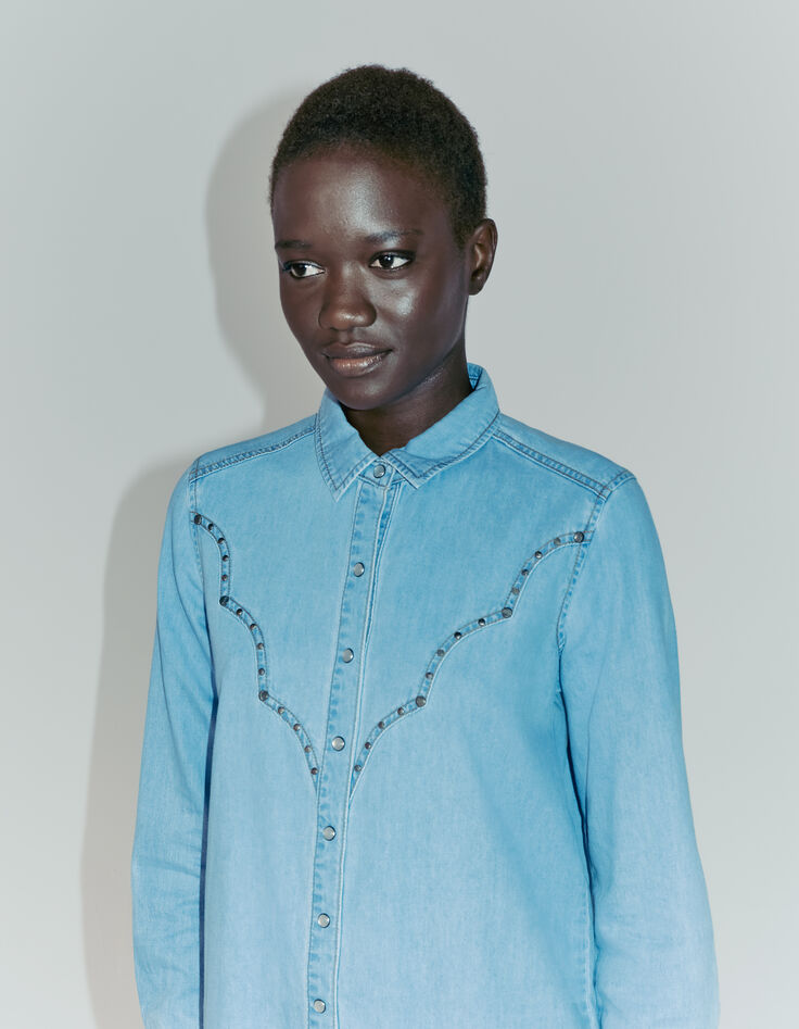 Blauw overhemd in katoen studdetails dames-4