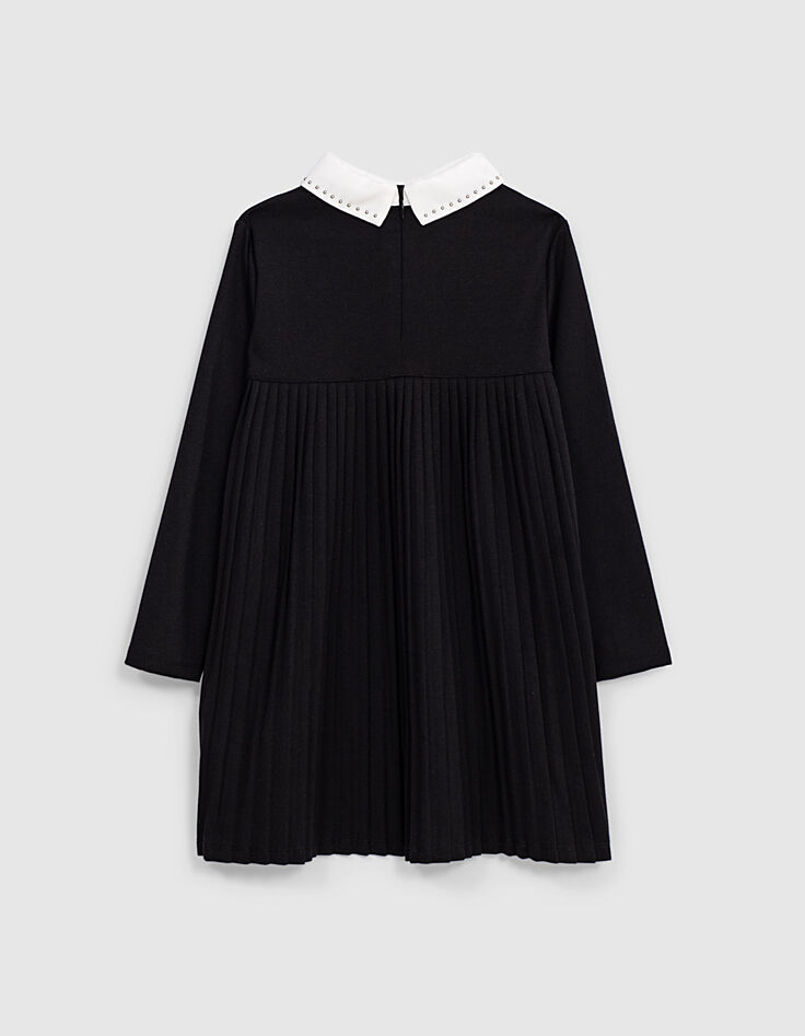 Schwarzes M&auml;dchenkleid mit Bubikragen und Plisseer&uuml;cken-3