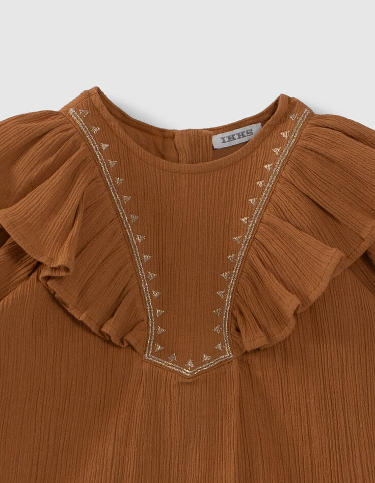 Baby girls’ camel dress with ruffled & embroidered dickey-2