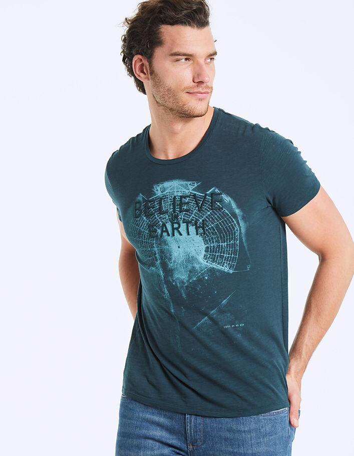Blauwgroen geborduurd T-shirt Believe - IKKS