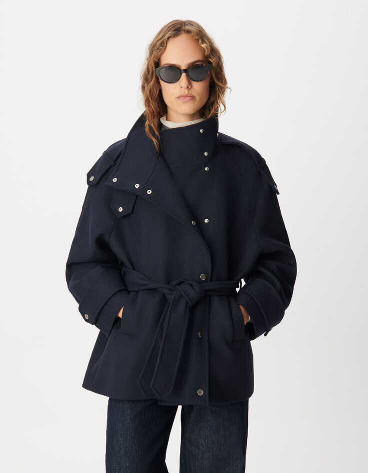 Manteau court marine avec ceinture Femme-2