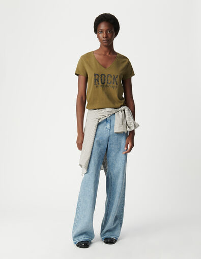 Women's organic cotton khaki t-shirt with glitter message - IKKS