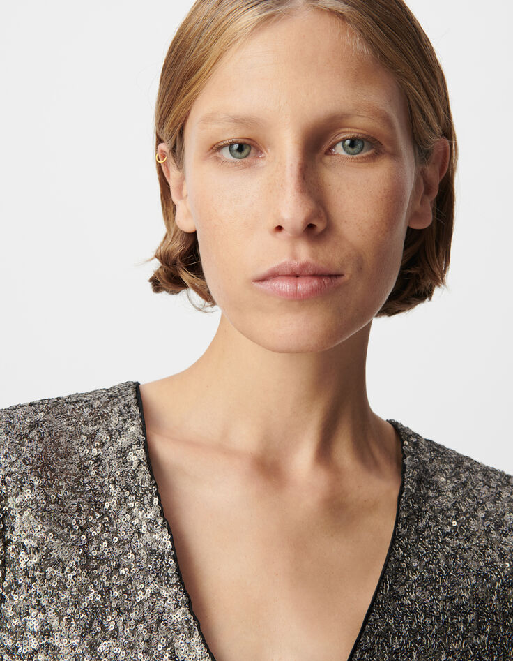 Top gris manche courte brodé sequins métallisés Femme-5