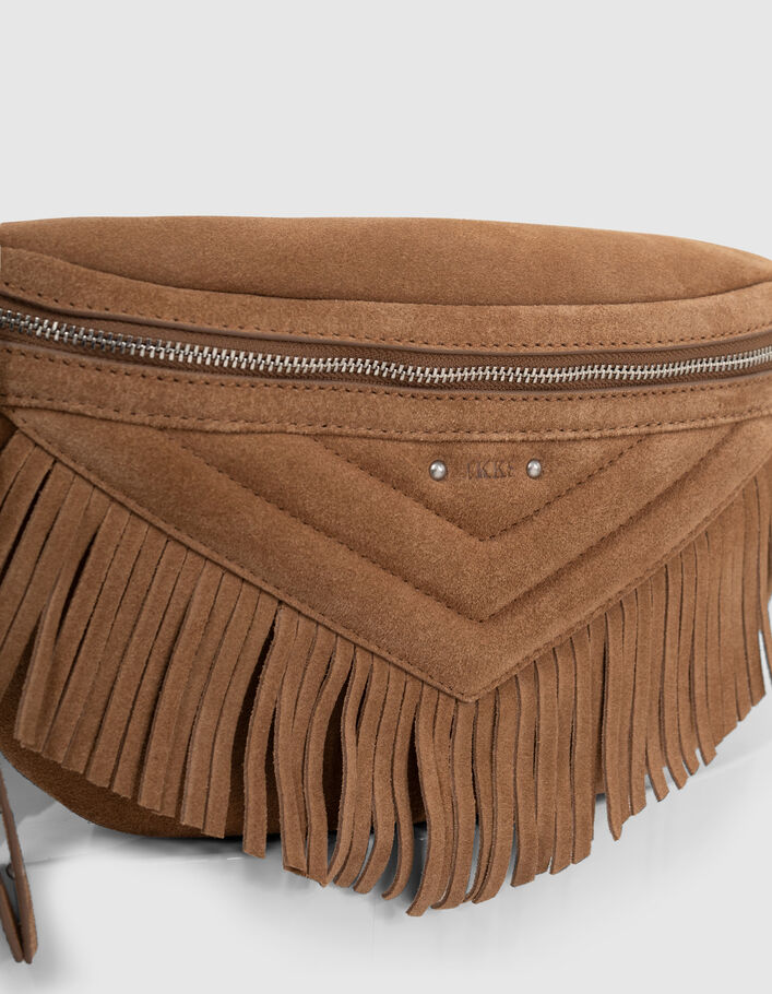 Sac 1440 Pocket Belt en cuir velours sable à franges Femme - IKKS