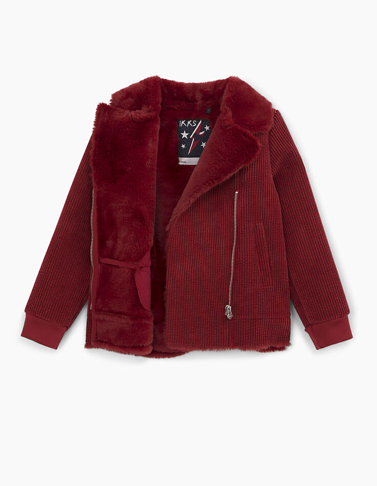 Abrigo rojo oscuro de pana con cuello con piel niña -5