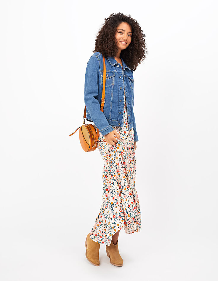 Robe longue rose poudré à imprimé floral et doré I.Code-7