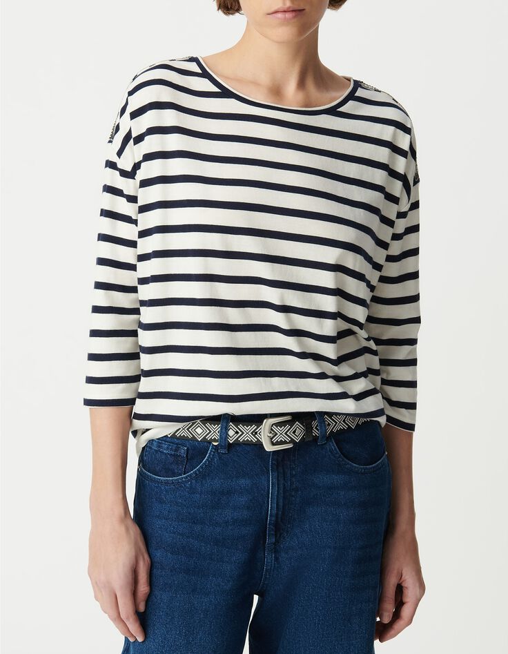 Oversized navy en wit matrozen T-shirt met schouderjuwelen Dames-2