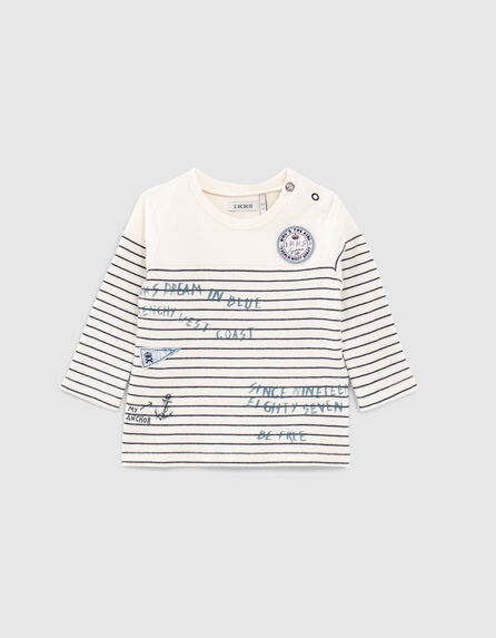 Baby boys' off-white striped T-shirt with marking