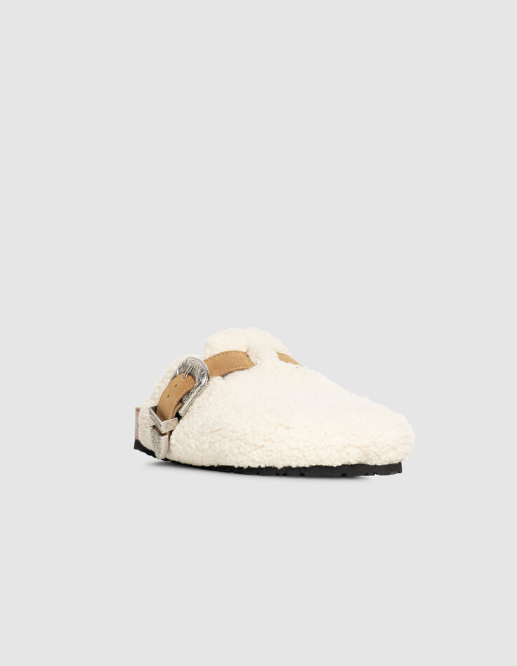 Ecru Damenslipper Wollleder Western-Schnalle-2