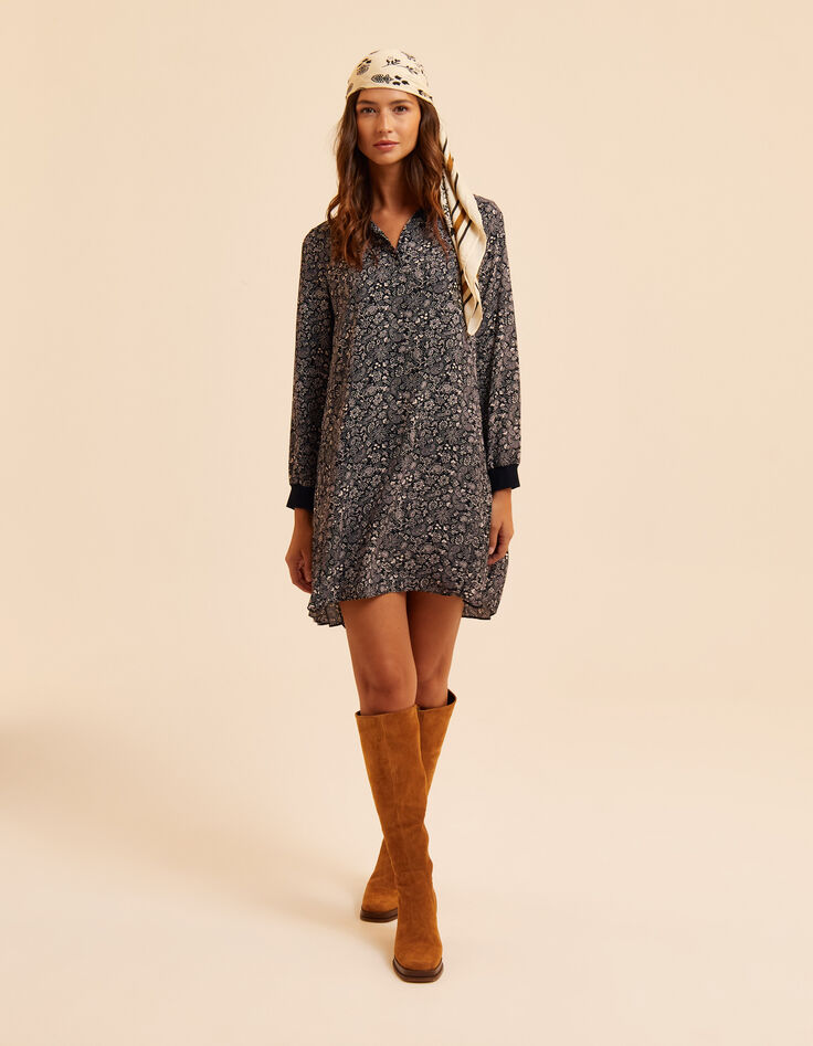 Robe noire imprim&eacute; cachemire pliss&eacute; dos I.Code-5