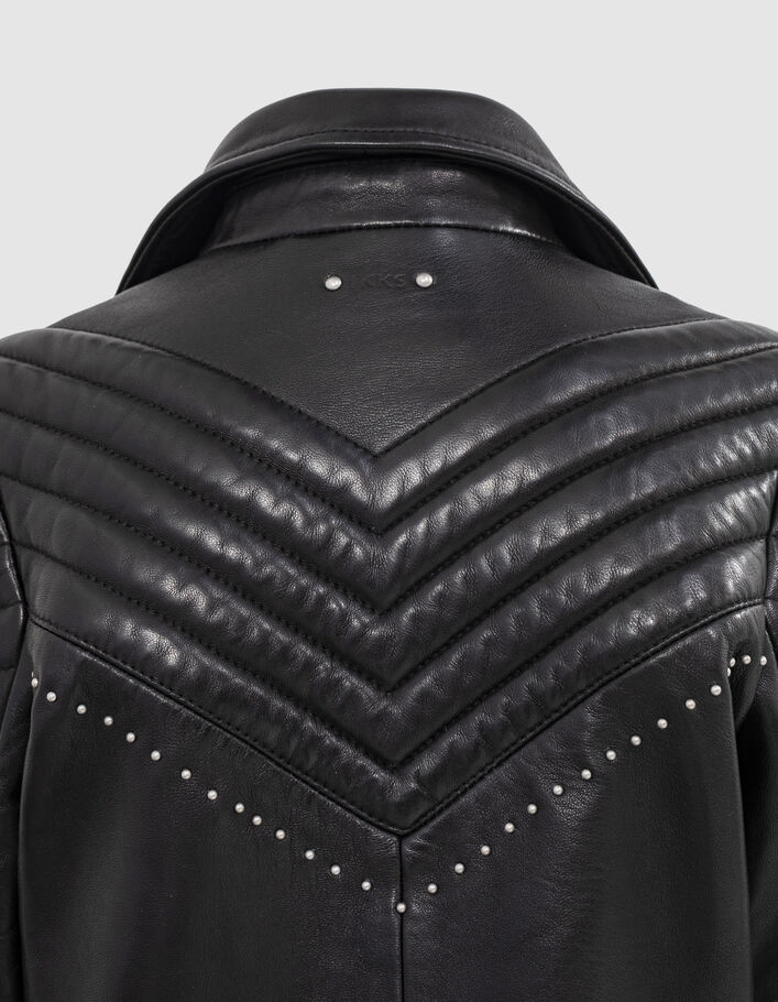 Girls’ black quilted studded biker 1440 leather jacket - IKKS