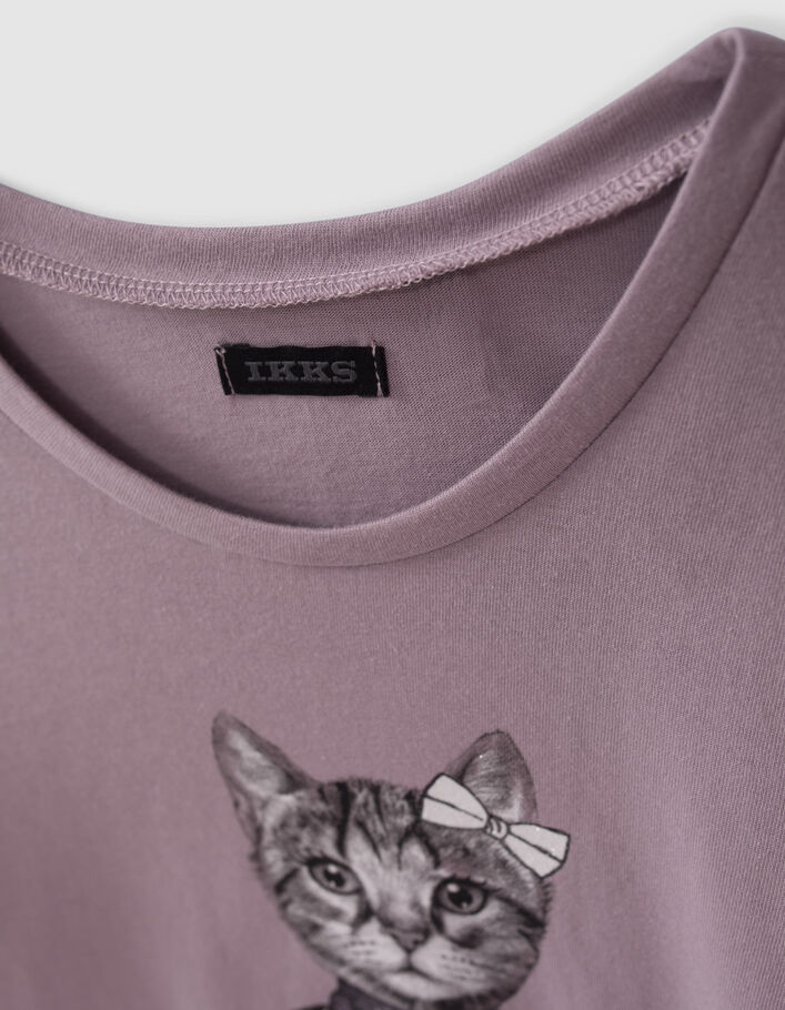 Girls’ violet T-shirt with cat in glittery scarf-3