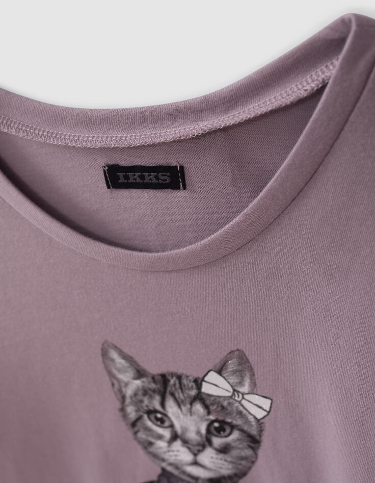 T-shirt parme visuel chat foulard pailleté fille-3